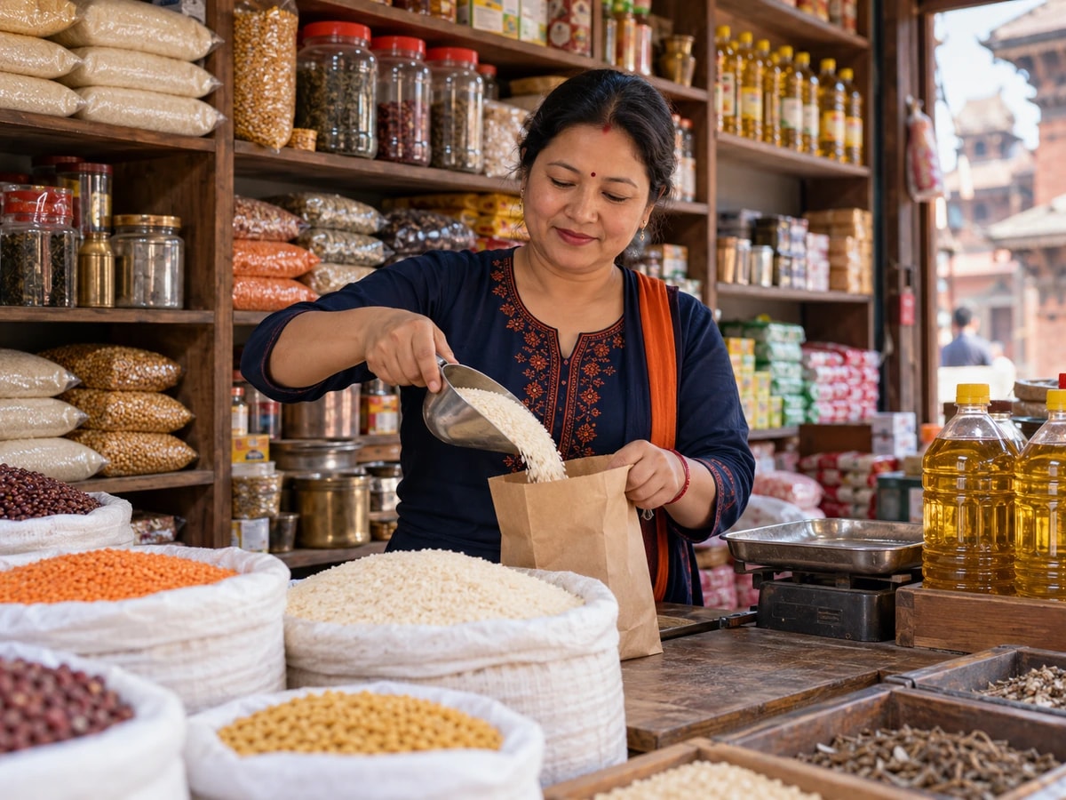 An illustrative Nepali kirana shopkeeper measuring rice